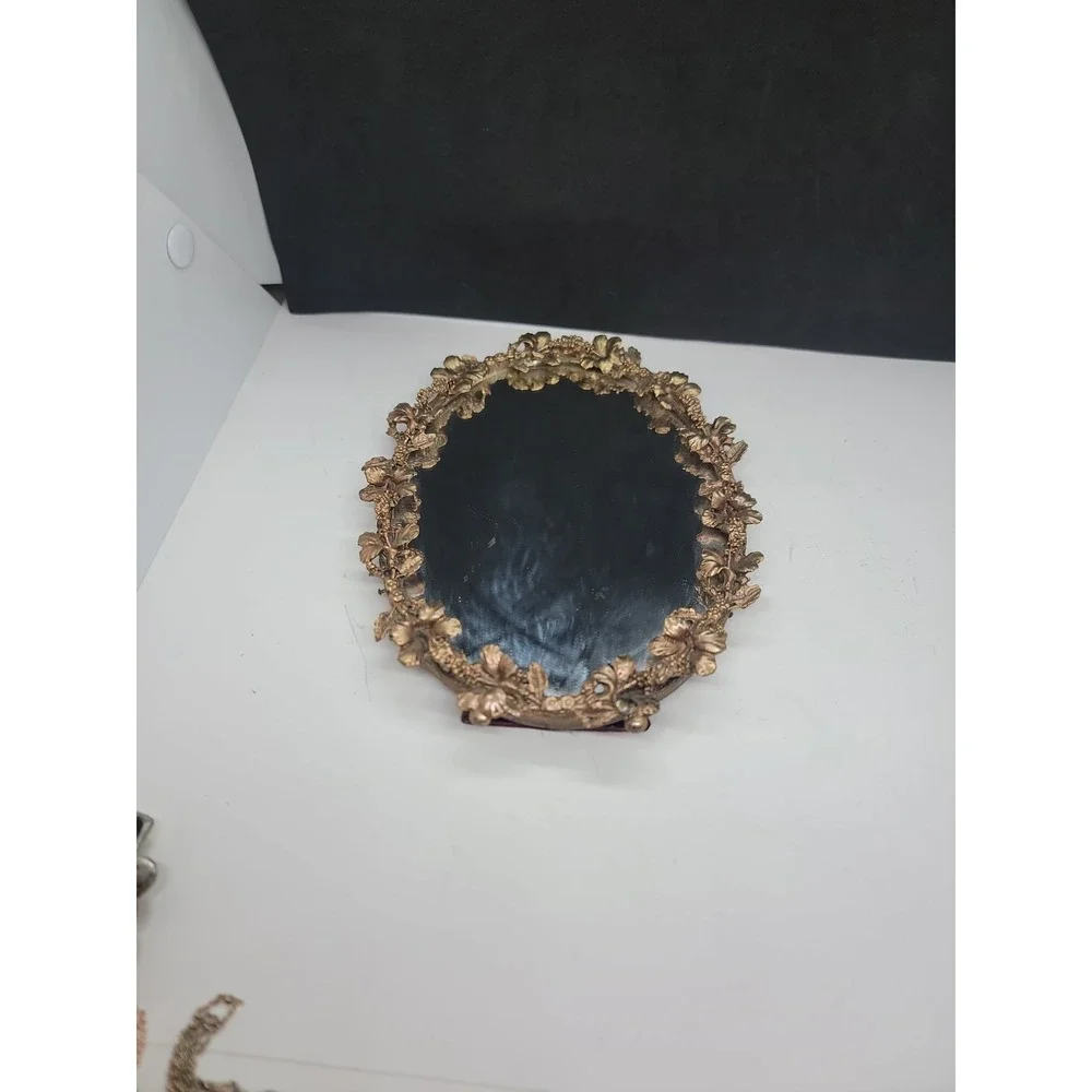 Vintage Globe 24K Gold Plated Ornate Hibiscus Design Tabletop Oval Mirror 1950s